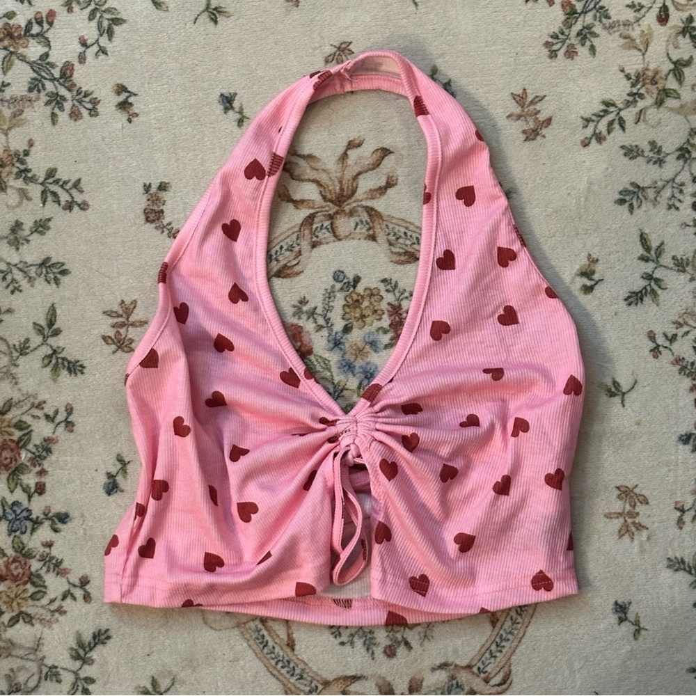 Pink Heart Halter Top Tie Front Coquette Y2K
